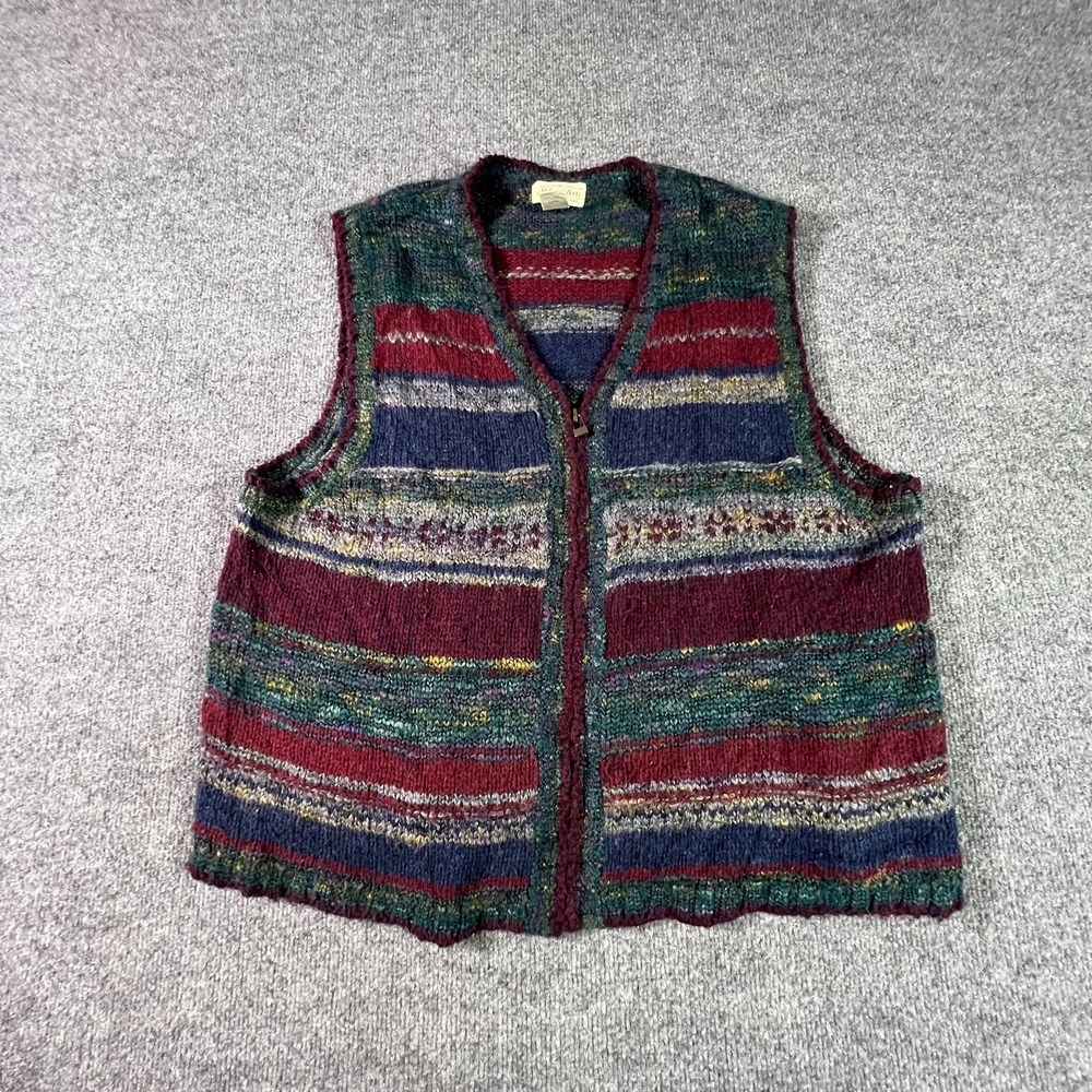 VTG St. John’s Bay Sweater Vest Womens XL Multicolor Striped Knit Full Zip Boho